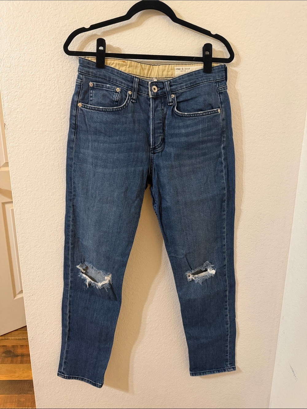 Rag & Bone Mid-Blue Ankle Jeans with Knee Distress
